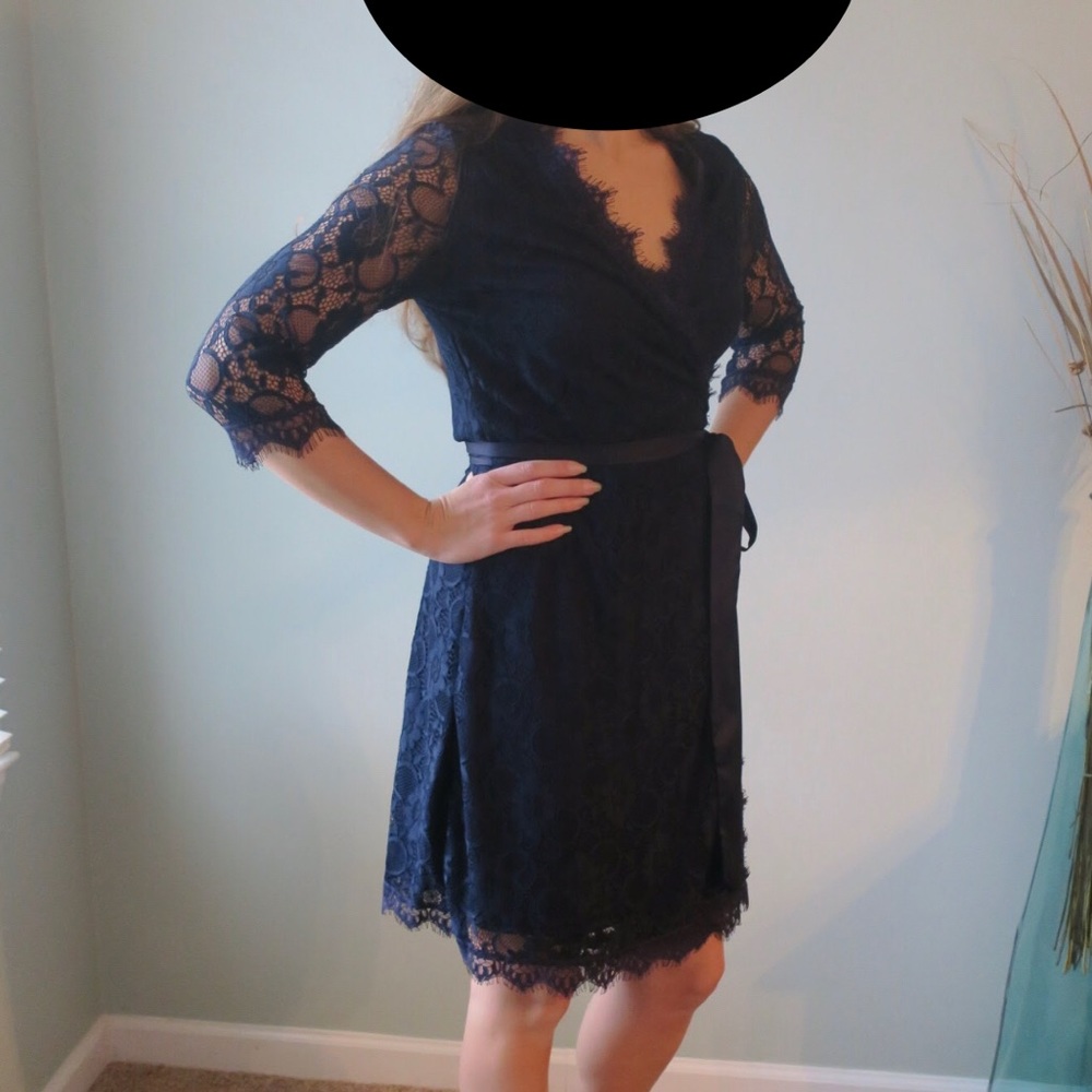 Navy Blue Lace Wrap Dress